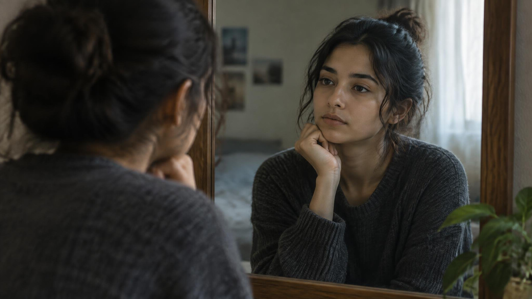 person looking at reflection in mirror