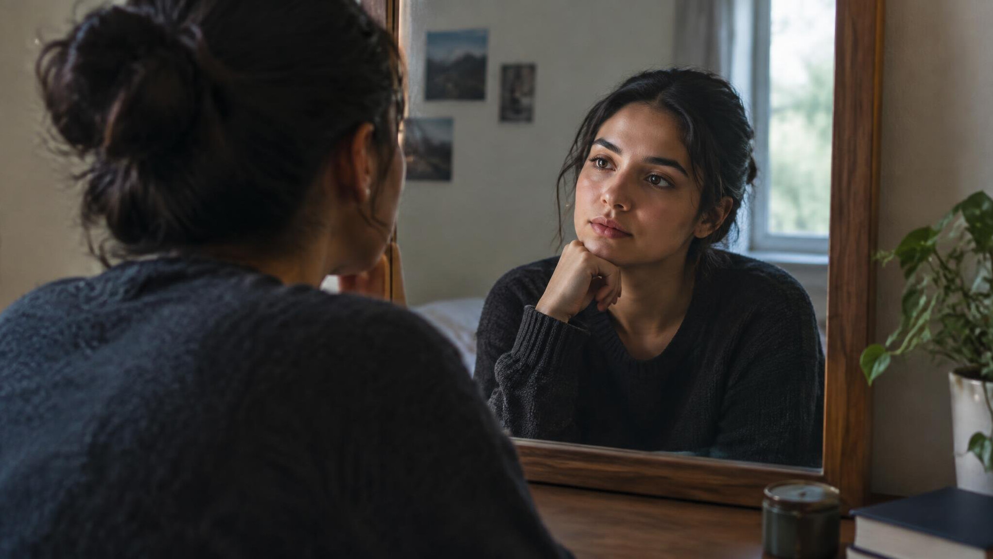 person looking at reflection in mirror
