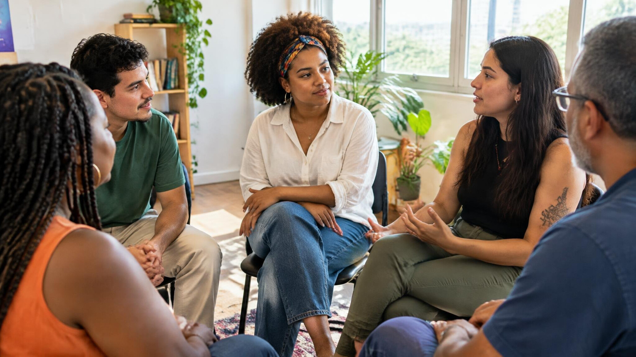 Diverse group of Brazilian people sitting in a circle having an open conversation