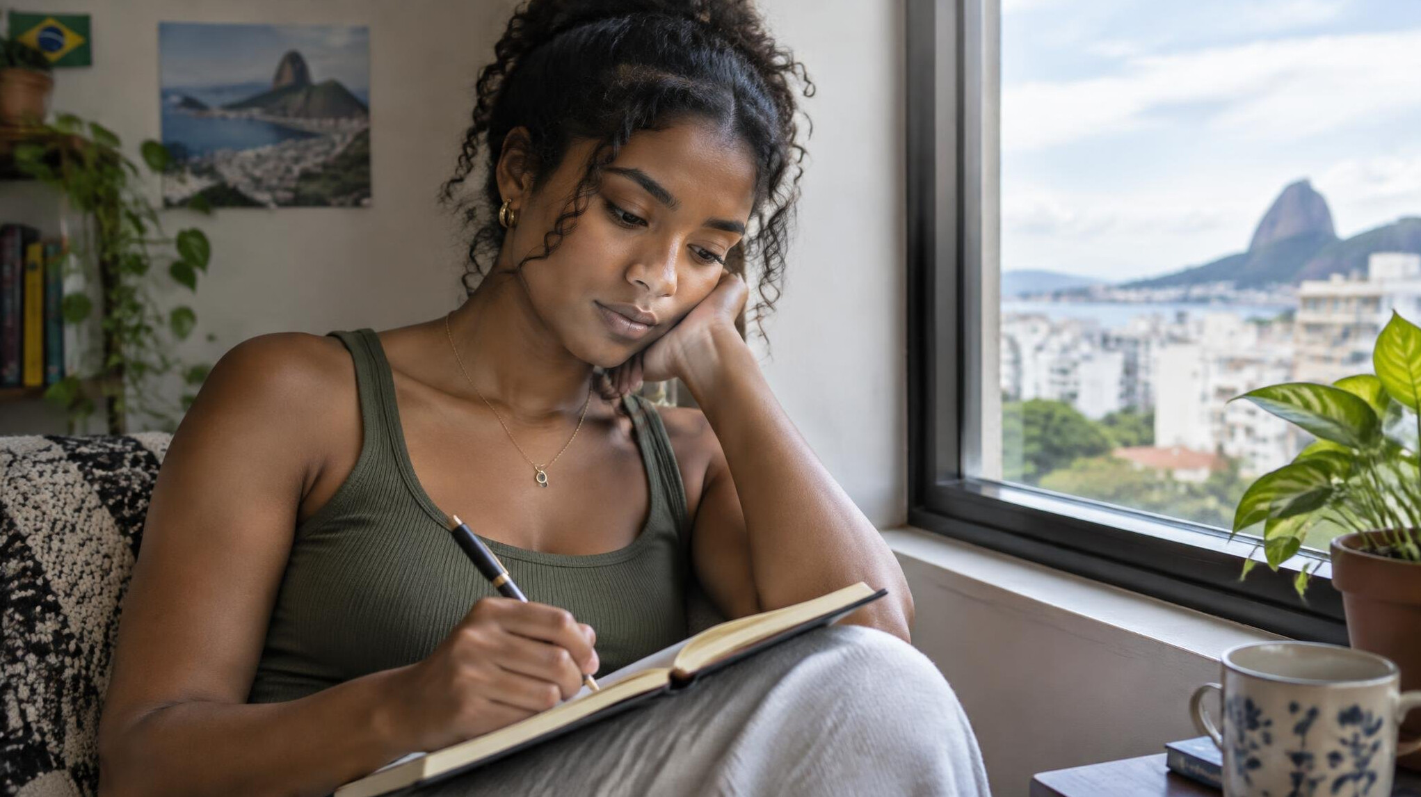 Young Brazilian woman writing in a journal near a window