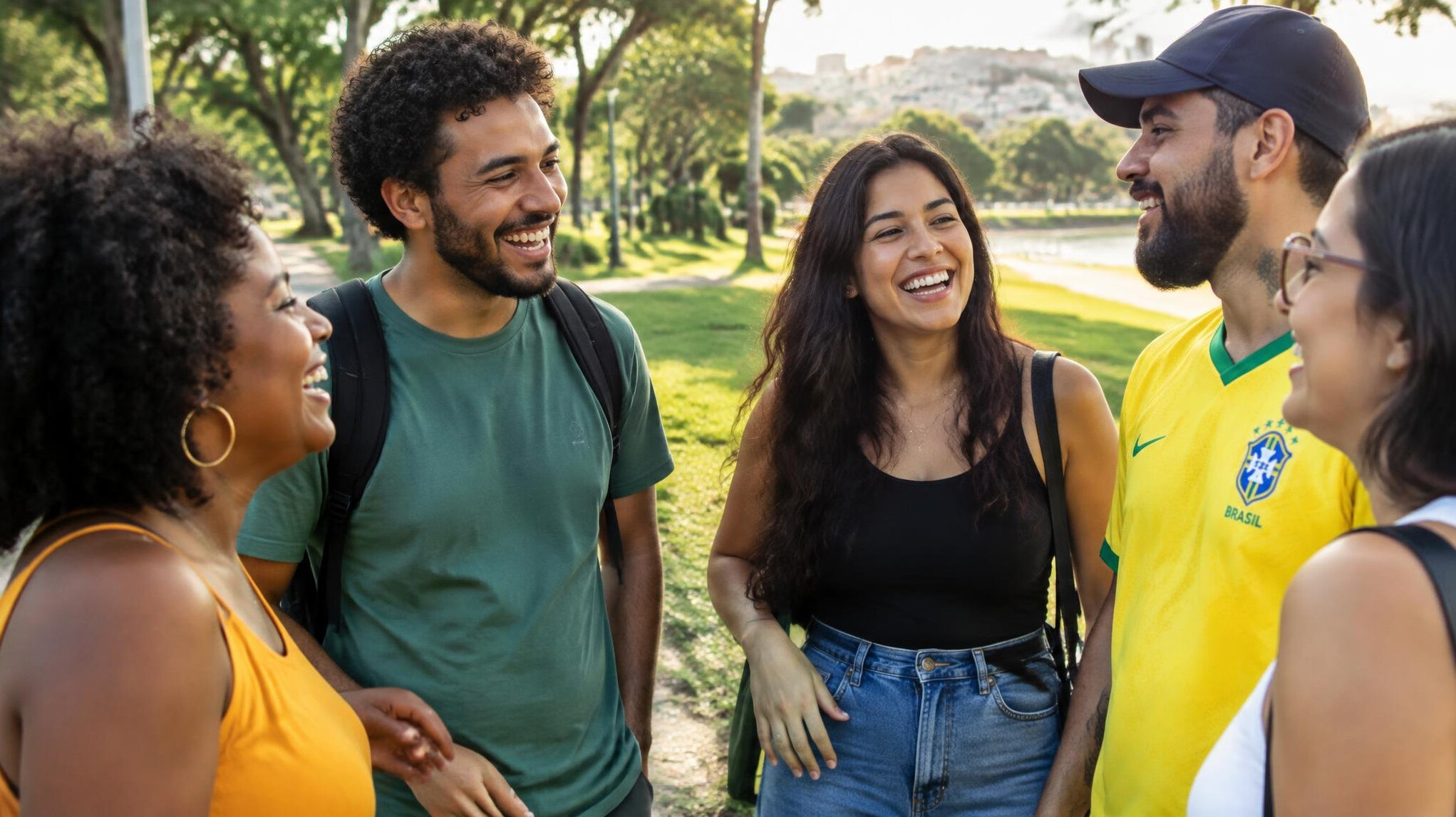 Group of Brazilian adults talking and laughing outdoors