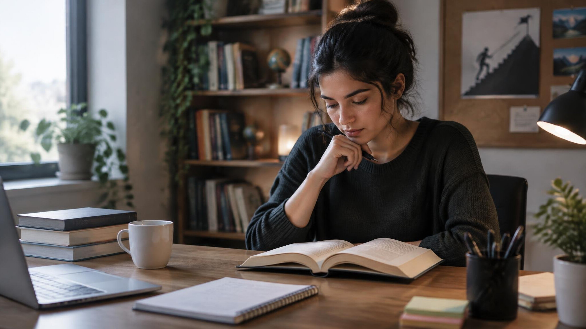 person reading book in quiet room