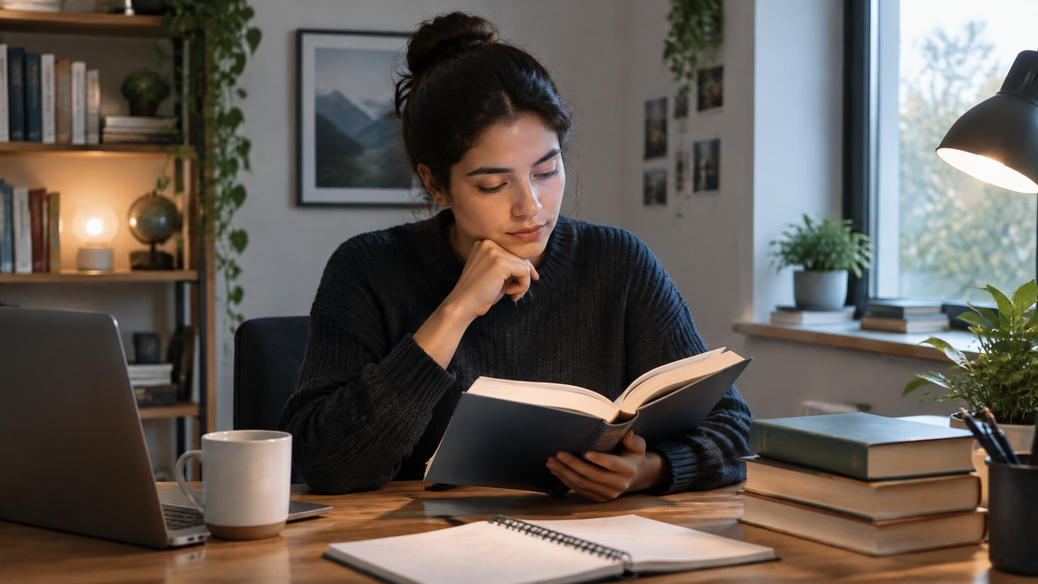 person reading book in quiet room